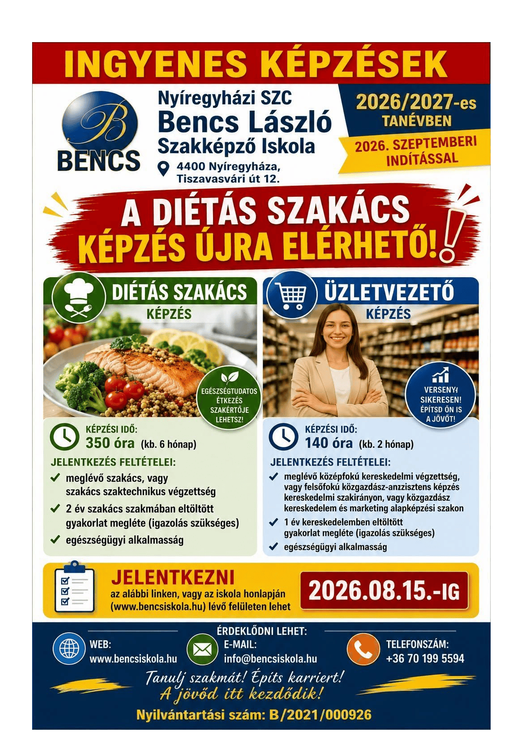  ÚJRA INDUL A DIETÁS SZAKÁCS KÉPZÉS A BENCSBEN!